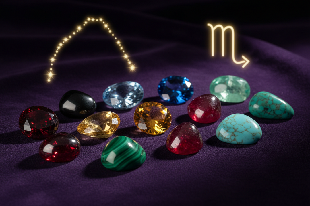 A premium collection of natural gemstones for scorpio showcasing rich raw textures under natural light.