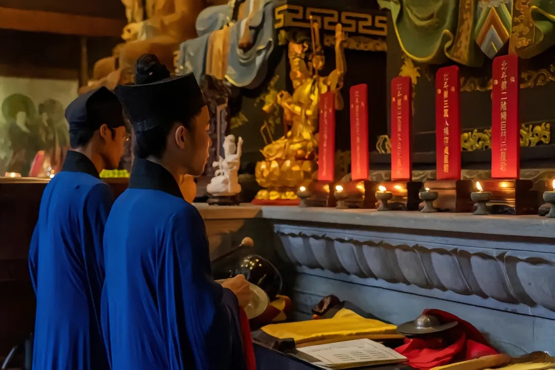 A Taoist master hand-drawing an authentic talisman with cinnabar ink to remove bad luck.
