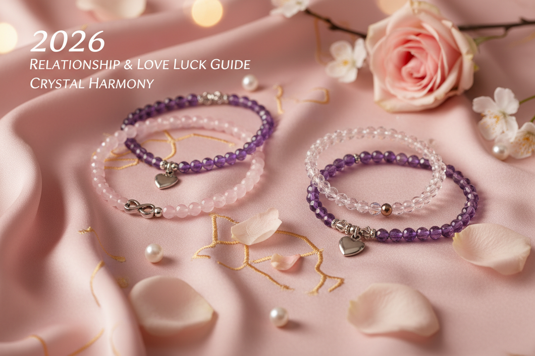 A synchronized couple's feng shui crystal bracelet set showcasing natural rose quartz and aquamarine beads.