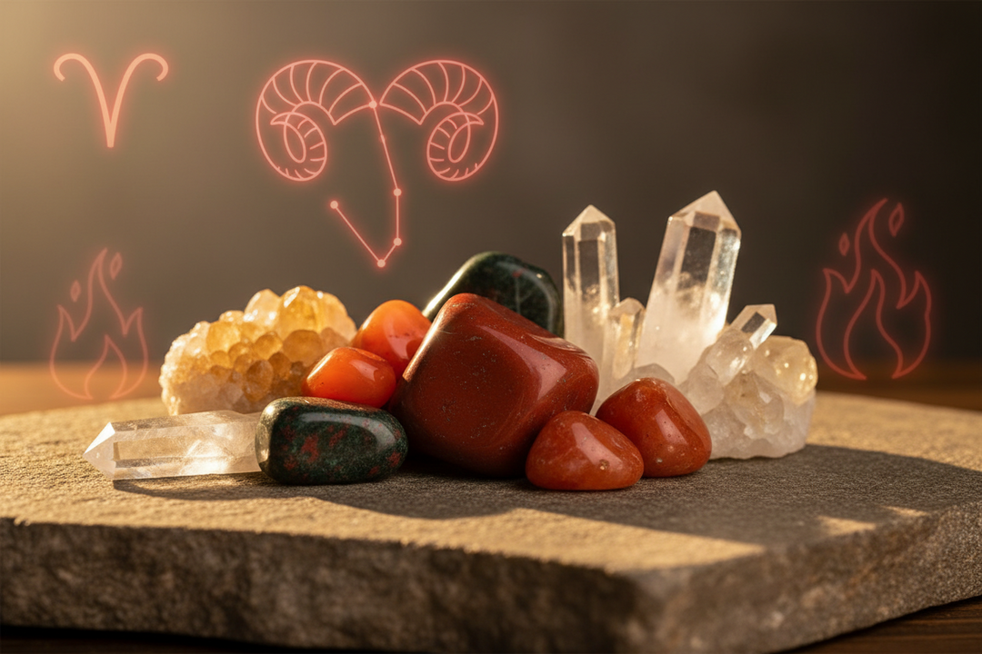 A collection of authentic Aries birthstones including Garnet, Amethyst, and Citrine, consecrated for spiritual protection and success.