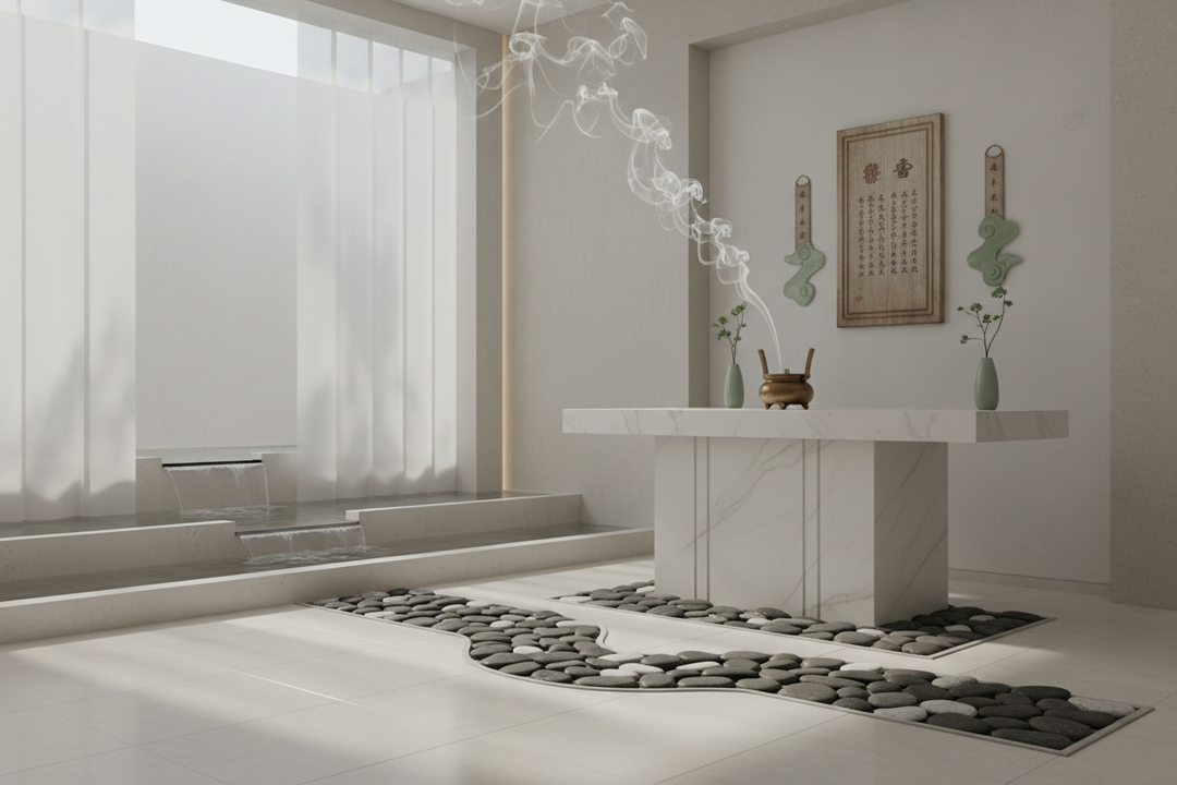 Minimalist Zen ancestral memorial site demonstrating proper Yin House Feng Shui energy flow.