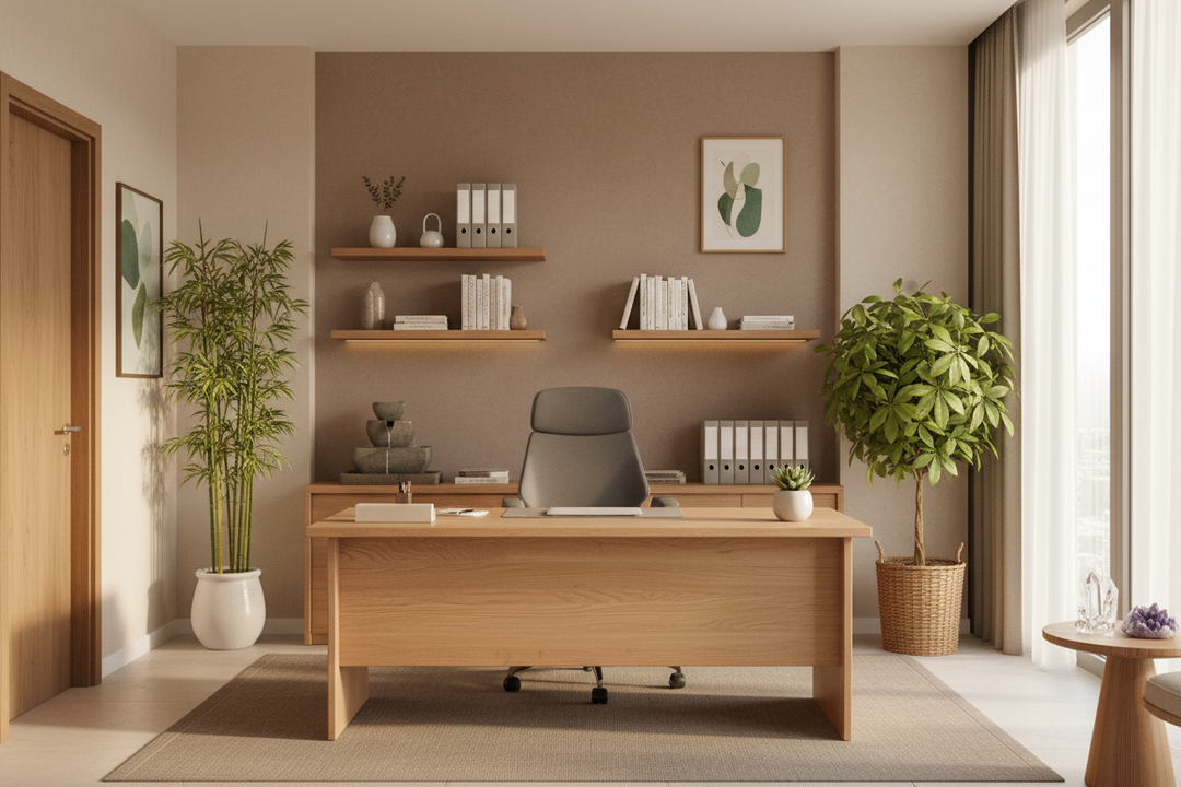 Modern office desk placed in the feng shui command position for optimal focus and productivity.