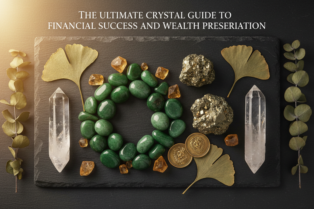 Premium natural wealth crystals including Citrine and Pyrite curated on a modern executive office desk for career breakthrough.