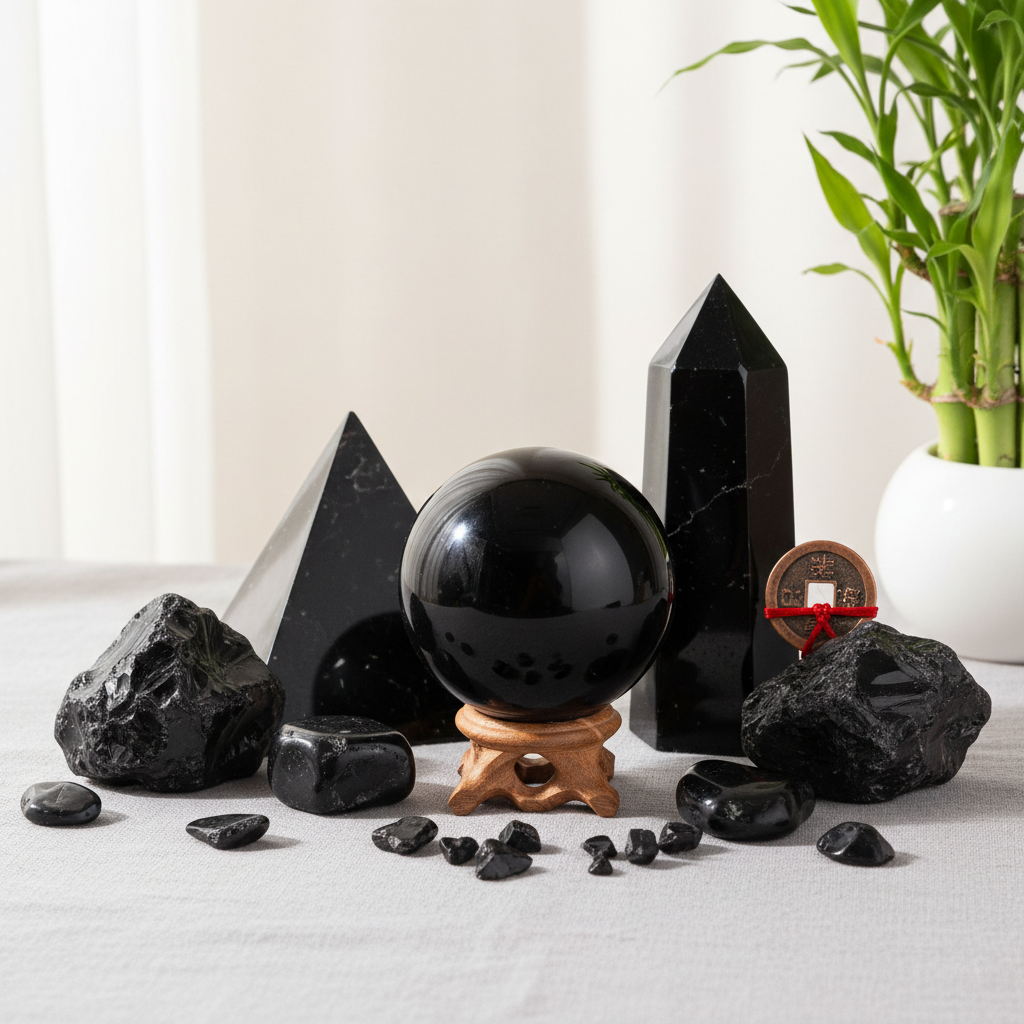 A calibrated Feng Shui black obsidian bracelet featuring a polished Pixiu amulet on a minimalist Zen tray.