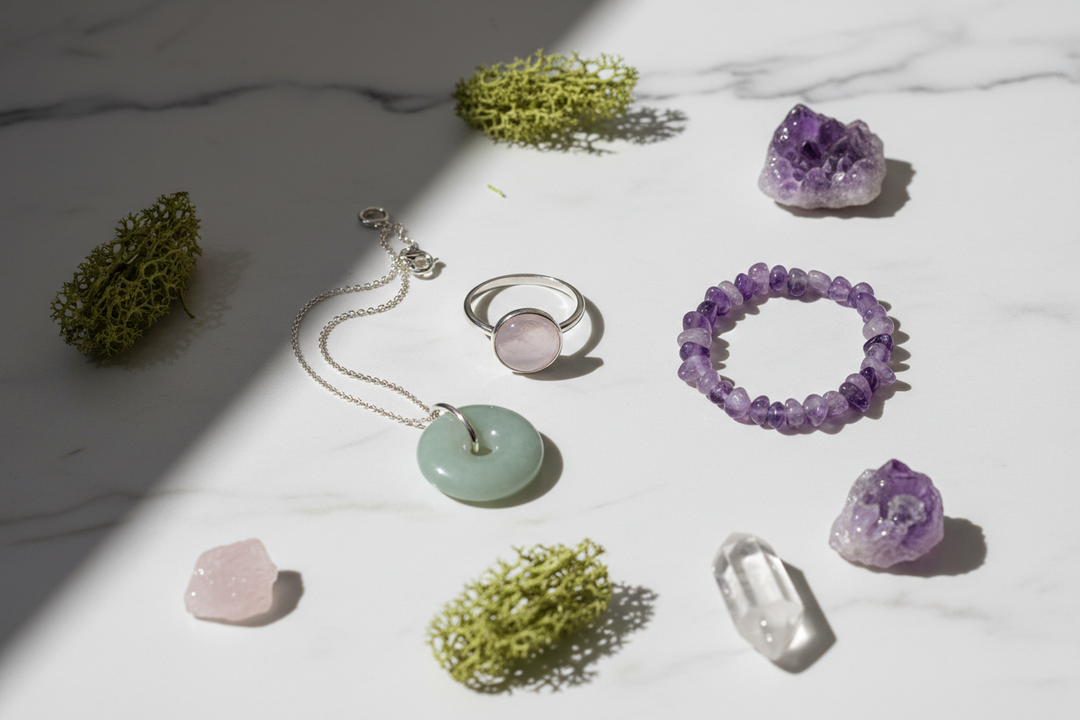 A delicate clear quartz necklace layered beautifully with a premium sterling silver chain against a soft linen fabric.