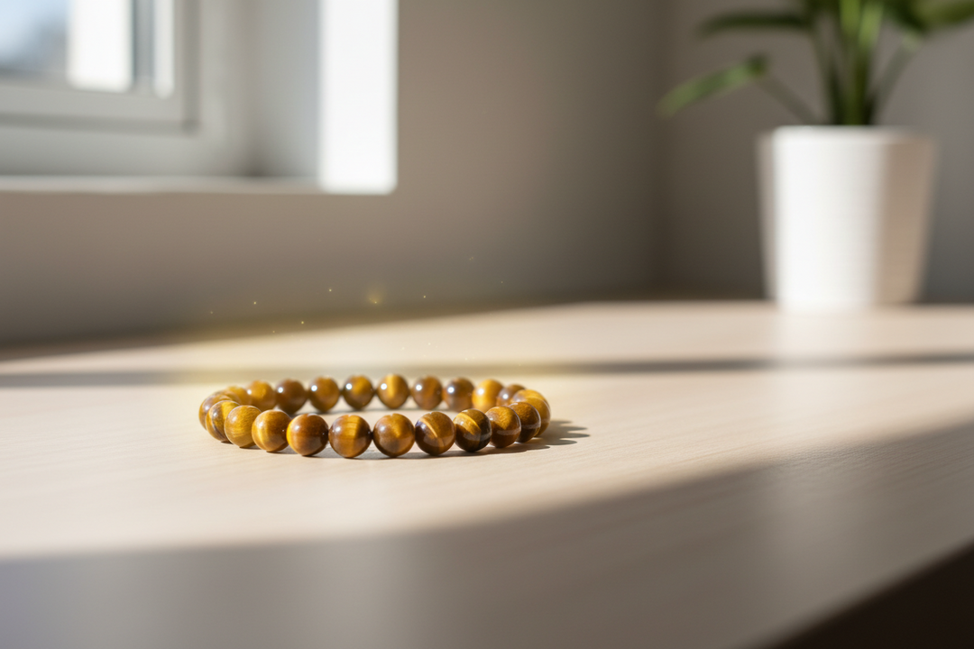 A custom-blessed Tiger's Eye bracelet resting as an active proximity energy anchor on the left side of a minimalist desk.