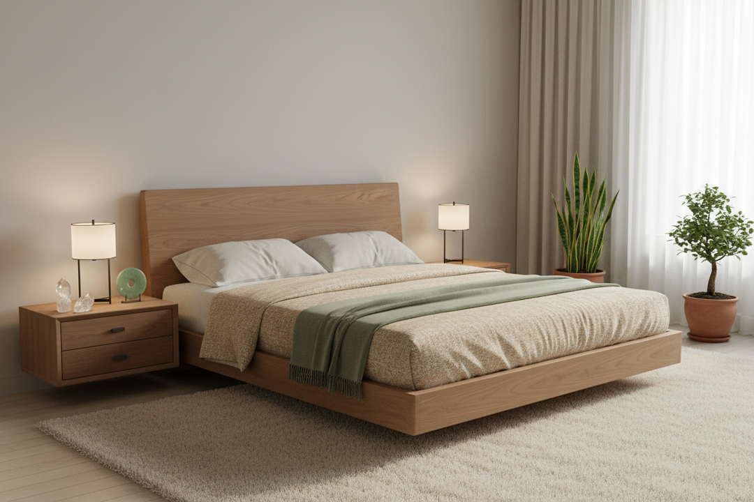 A modern Zen bedroom layout showcasing perfect feng shui bed placement with a solid headboard and matching symmetrical nightstands.
