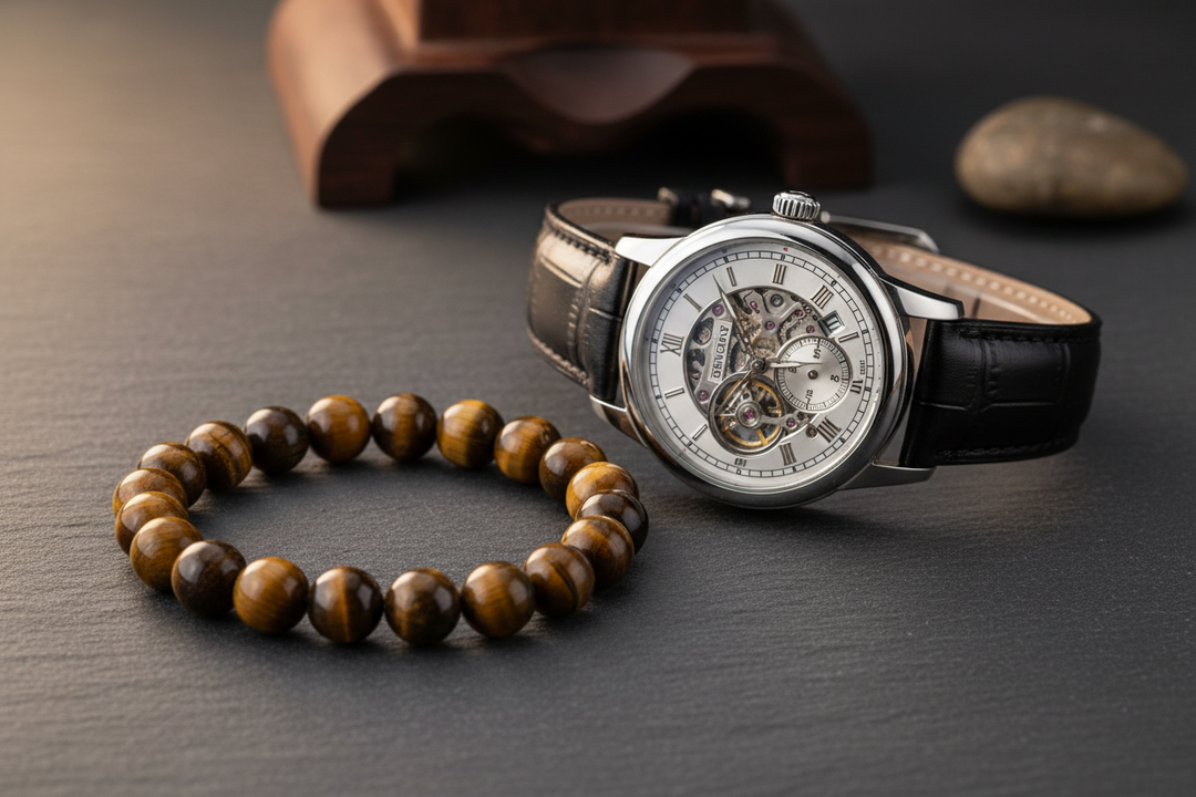 A premium 14mm golden-brown Tiger's Eye bracelet styled elegantly alongside a luxury mechanical watch.