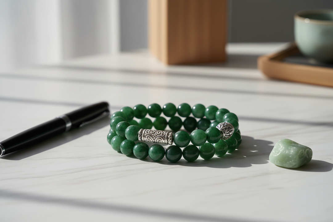 An authentic master-consecrated Feng Shui bracelet resting elegantly on a minimalist executive workspace desk.