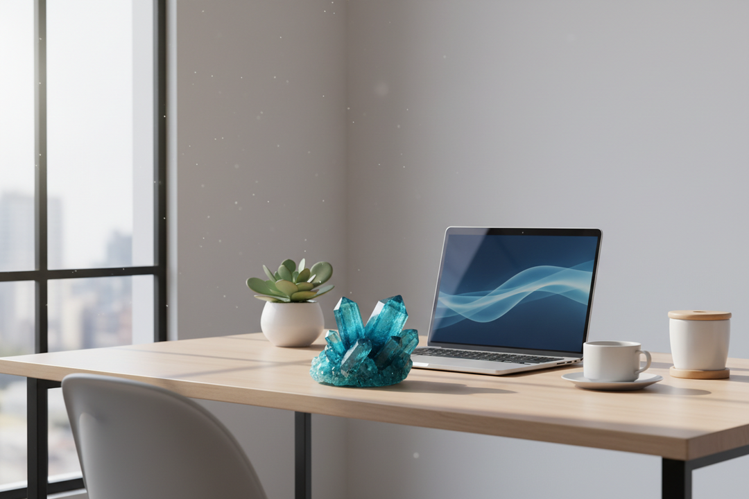 Deep cyan aquamarine crystal placed on a modern office desk to reduce workplace stress and digital anxiety.