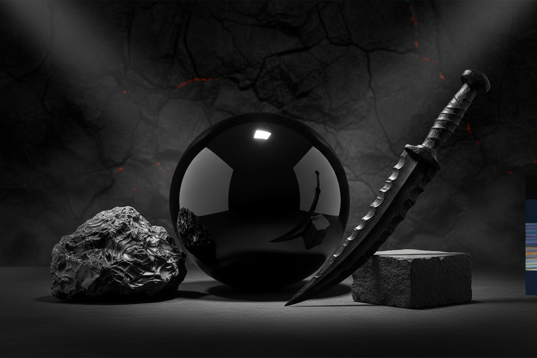 A genuine raw black obsidian volcanic rock specimen showcasing shiny conchoidal fractures under natural light.