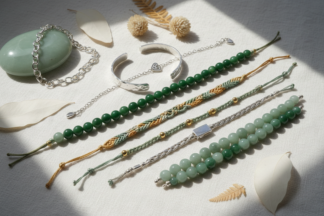 A collection of authentic crystal bracelets for love and friendship resting on a textured linen surface.