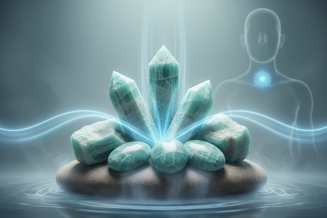 Natural Amazonite crystal healing properties for anxiety relief and Throat Chakra unblocking