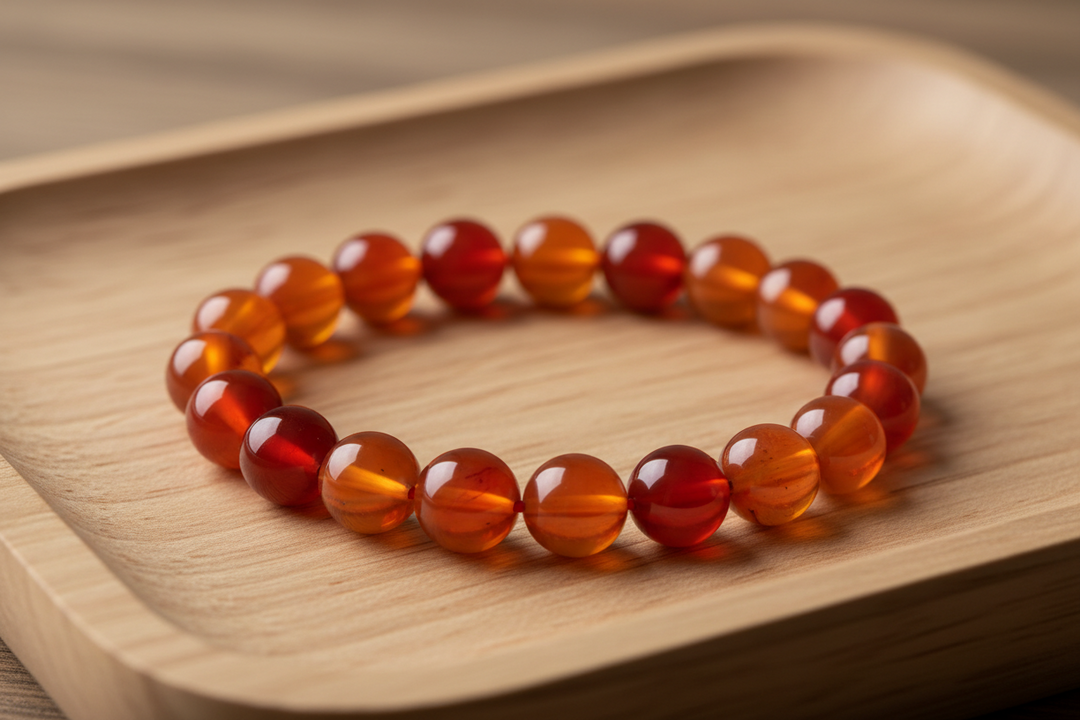 Premium authentic carnelian bracelet with translucent orange and deep red iron-rich chalcedony beads on a minimalist wood tray.
