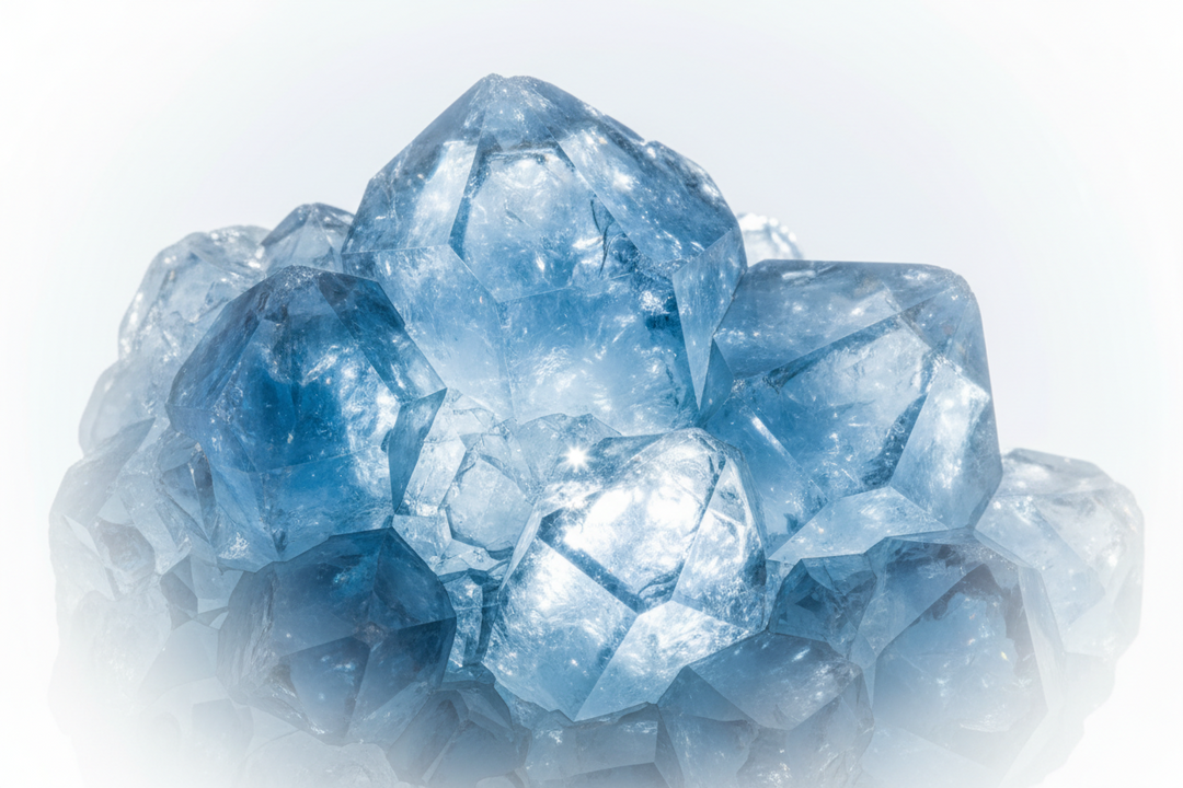 Raw Blue Quartz mineral specimen highlighting natural crystalline lattice structures for mental clarity.