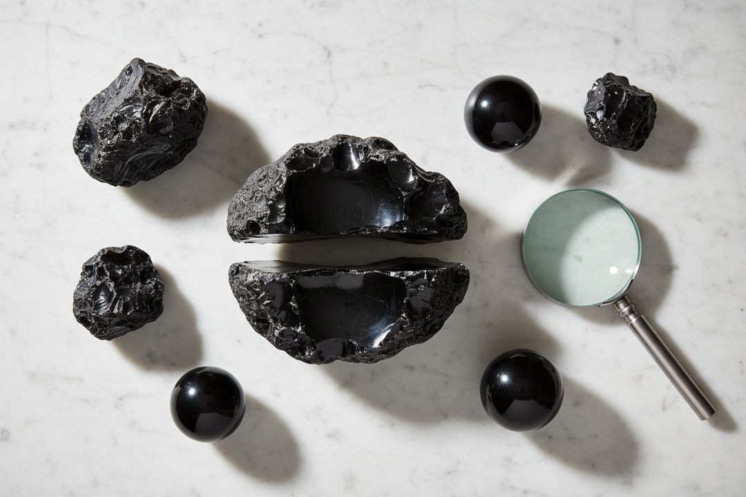 A genuine black obsidian stone being evaluated under a sharp point-light source to inspect its translucent, smoky edges.