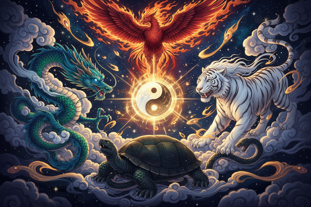 The 4 Celestial Guardians of Feng Shui: Azure Dragon, White Tiger, Vermilion Bird, Black Tortoise