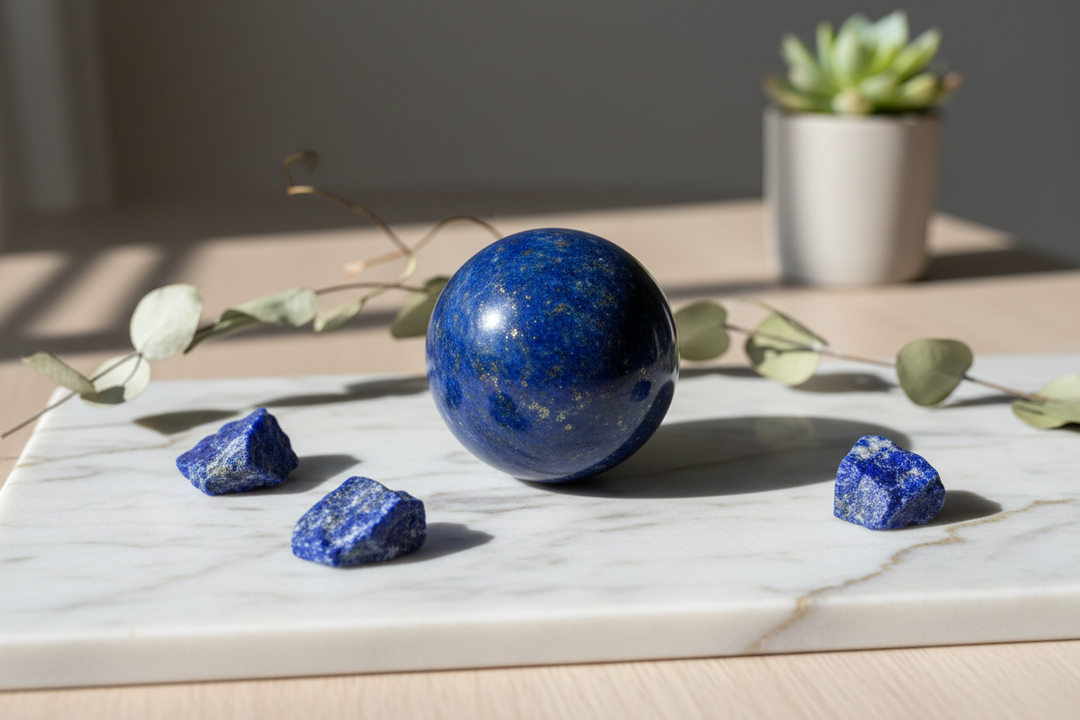 A premium deep-blue Lapis Lazuli crystal tower displaying natural golden pyrite inclusions on a minimalist executive office desk.