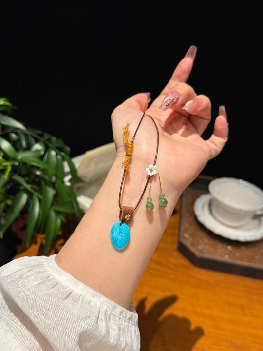 Raw Turquoise Feather & Hetian Jasper Feng Shui Necklace – Serenity & Uplift