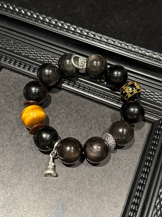 Dragon Soul 18mm Silver Sheen Obsidian & Tiger's Eye Feng Shui Bracelet – Bold Focus & Boundary Shield