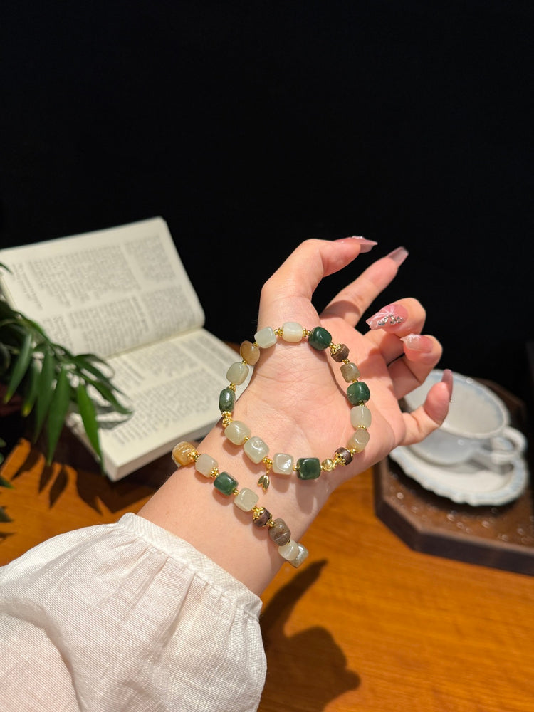 Hetian Multi-Color Jade & Golden Leaf Feng Shui Bracelet – Abundance & Serenity