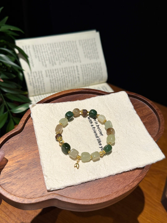 Hetian Multi-Color Jade & Golden Leaf Feng Shui Bracelet – Abundance & Serenity