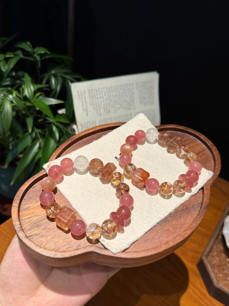 Peach Mist & Gilded Koi Multi-Gemstone Feng Shui Bracelet – Charisma & Abundance