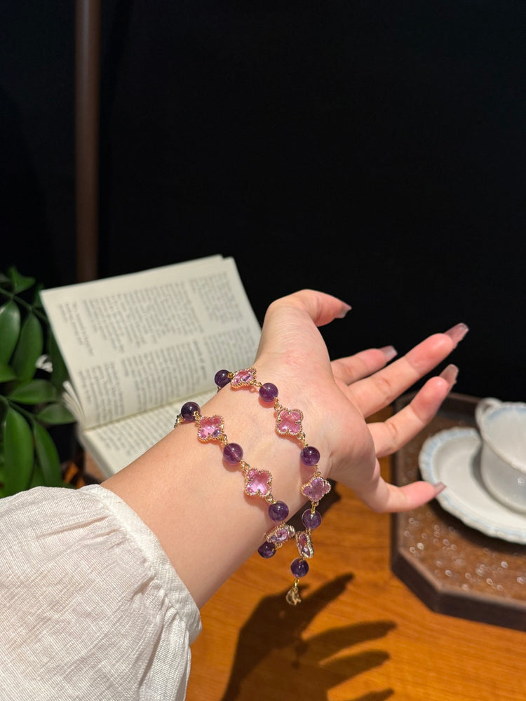Amethyst & Sparkling Clover Feng Shui Bracelet – Serenity & Fortune