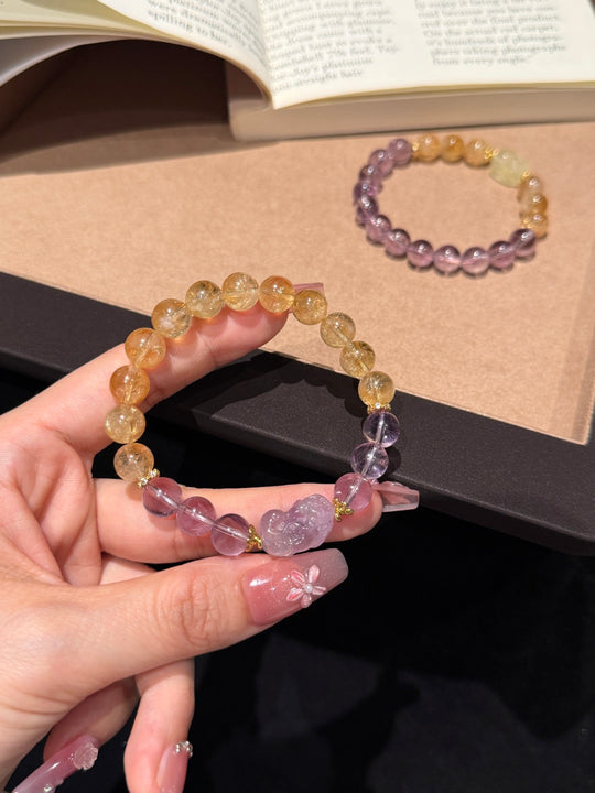 Yellow Phantom Quartz & Amethyst Pixiu Feng Shui Bracelet – Abundance & Discernment