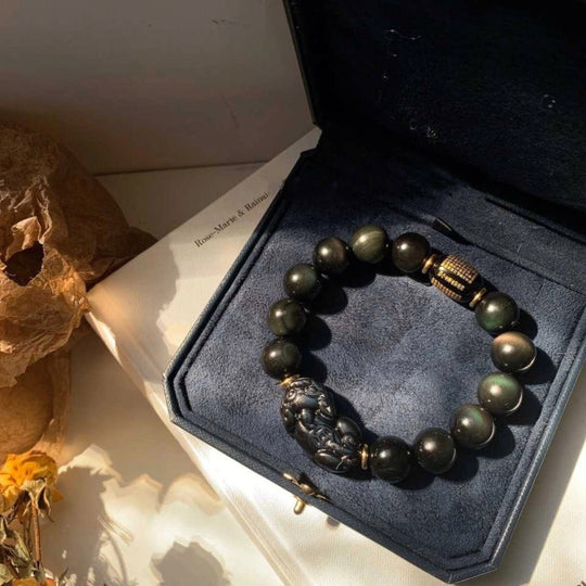 Rainbow Eye Obsidian & Pixiu Men's Feng Shui Bracelet – Grounding & Prosperity