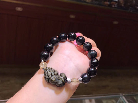 Gold Sheen Obsidian Pixiu & Gold Rutilated Quartz Men's Feng Shui Bracelet – Grounding & Prosperity