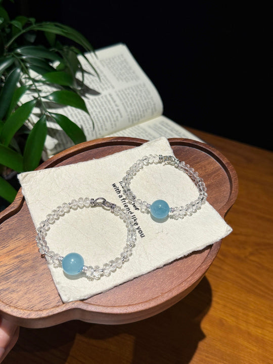 Natural Aquamarine & Clear Quartz Bracelet – Smooth Communication, Clarity & Energy Cleansing Talisman