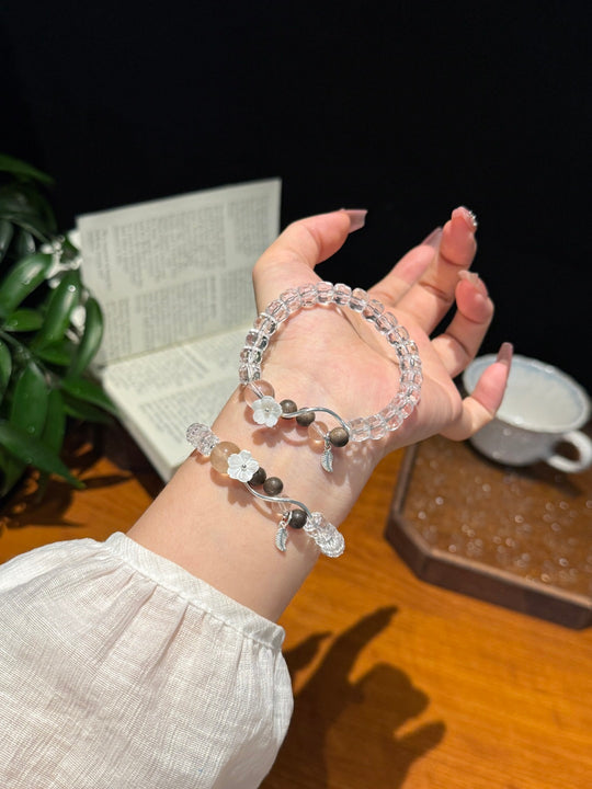 Natural Faceted Clear Quartz & Wood Bead Bracelet – Calms Mind, Cleanses Energy & Harmonious Luck Talisman