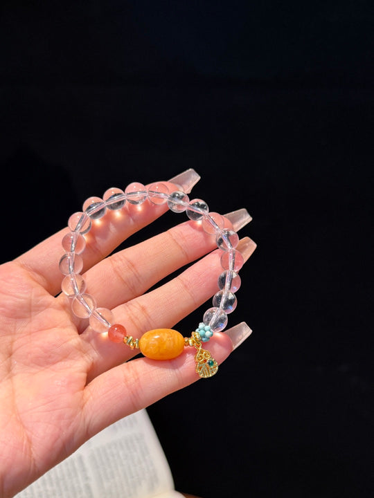 Natural Clear Quartz, Amber & Turquoise Bracelet – "Four Guardians" Attracts Wealth & Auspicious Fortune Talisman