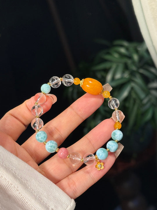 Natural Larimar, Clear Quartz & Amber Bracelet – Calms Restlessness, Attracts Wealth & Harmonious Joy Talisman