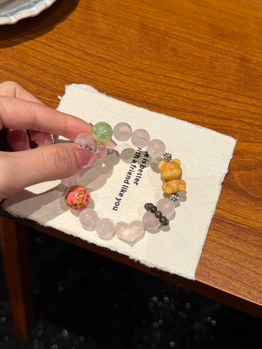 Natural Rose Quartz & Lacquer Wood Bear Bracelet – Turns Obstacles into Luck, Attracts Romance & Popularity Talisman