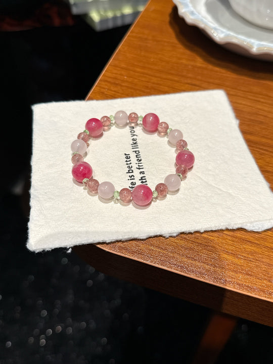 Natural Rhodonite, Rose Quartz & Strawberry Quartz Bracelet – Soothes Emotional Restlessness, Attracts Romance & Popularity Talisman