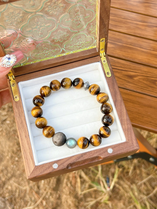 Natural Golden Tiger's Eye, Meteorite & Silver Obsidian Bracelet – Attracts Wealth, Aura Shield & Breakthrough Talisman