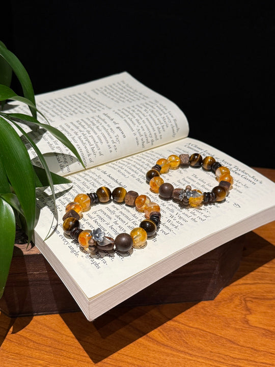 Natural Tiger's Eye, Yellow Hematoid Quartz & Wood Bracelet – Attracts Wealth, Grounded Aura & Shield Talisman