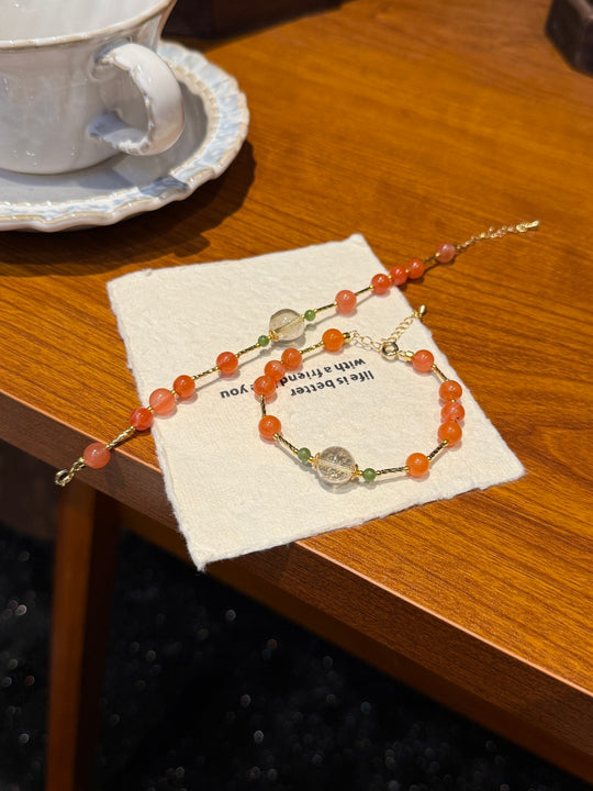 Natural Southern Red Agate, Rutilated Quartz & Green Jade Bracelet – Gentle Composure, Vitality