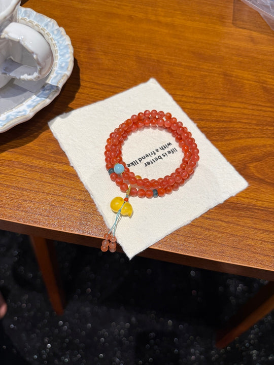 Natural Southern Red Agate & Beeswax Amber Gourd Bracelet – Blessings, Harmony & Aura Shield Talisman
