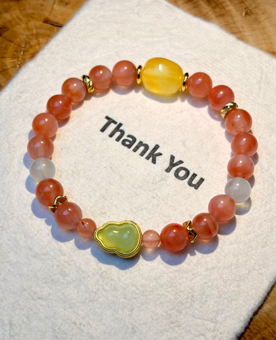 Natural Southern Red Agate & Amber Gourd Bracelet – Golden Persimmon Fortune, Blessings & Aura Shield Talisman