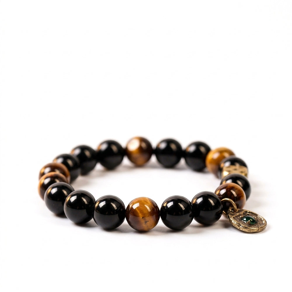 Sovereign Warrior Array – Natural Golden Tiger's Eye & Silver Obsidian Bracelet