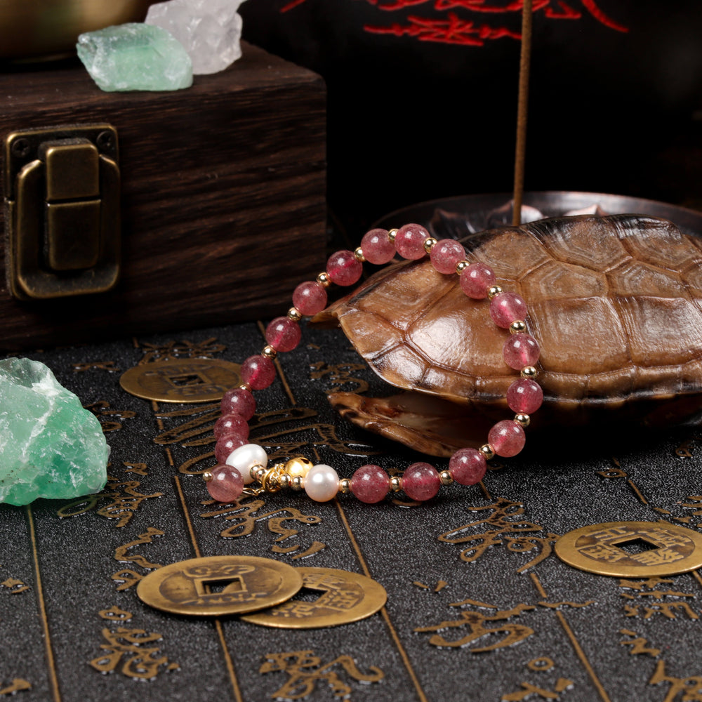 Presence & Compassion Array – Natural Strawberry Quartz & Pearl Bracelet