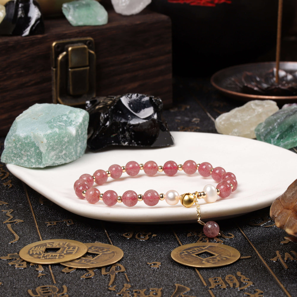 Presence & Compassion Array – Natural Strawberry Quartz & Pearl Bracelet