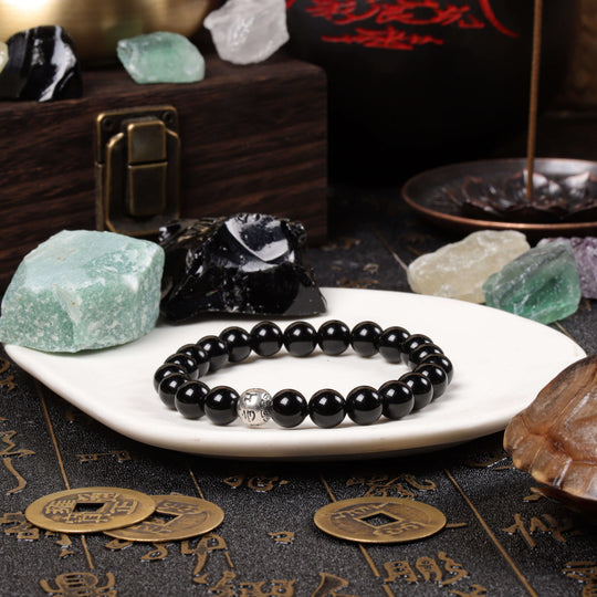 Sovereign Protection Array – Natural Black Obsidian & Sterling Silver Mantra Bracelet