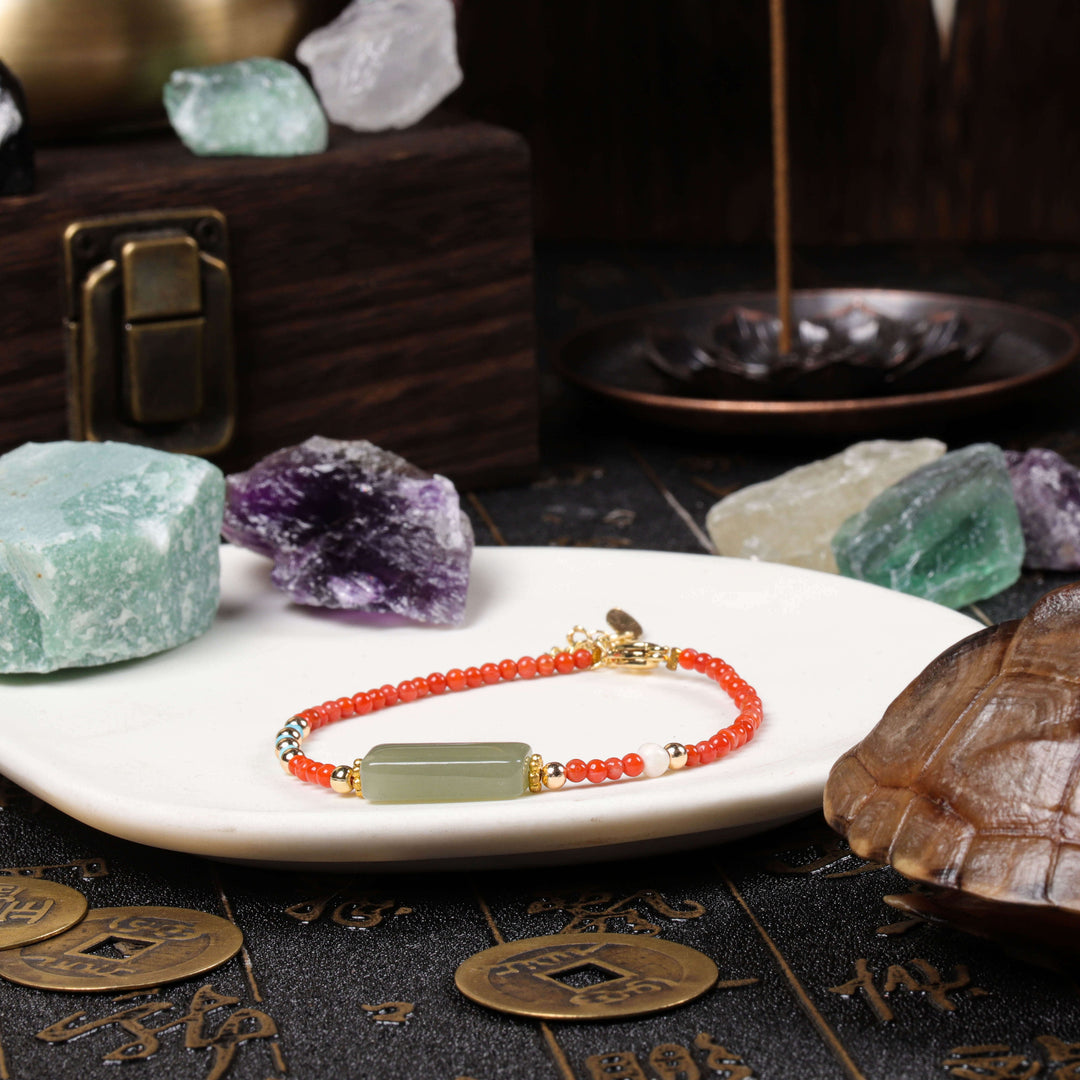 Peace & Vitality Array – Natural South Red Agate & Hetian Jade Choker