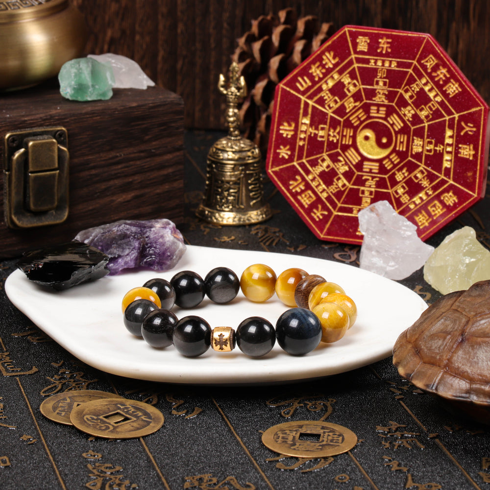 Natural Tiger's Eye, Agarwood & Kyanite Bracelet | 5-Element Power Shield
