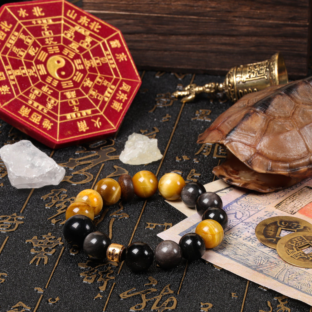 Natural Tiger's Eye, Agarwood & Kyanite Bracelet | 5-Element Power Shield