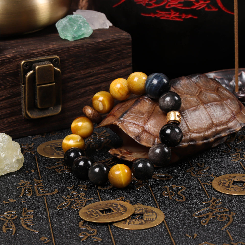 Natural Tiger's Eye, Agarwood & Kyanite Bracelet | 5-Element Power Shield